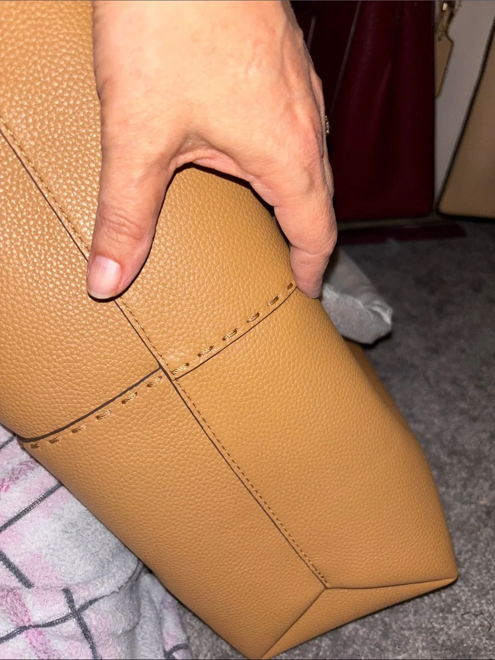 Tory Burch Camel Tan Pebbled Leather Tote with Logo